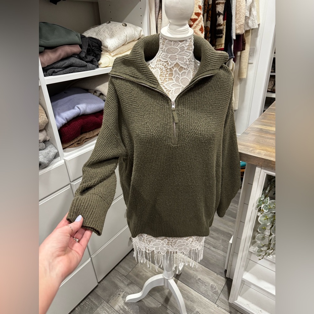 Aerie Waffle Knit Quarter Zip Sweater